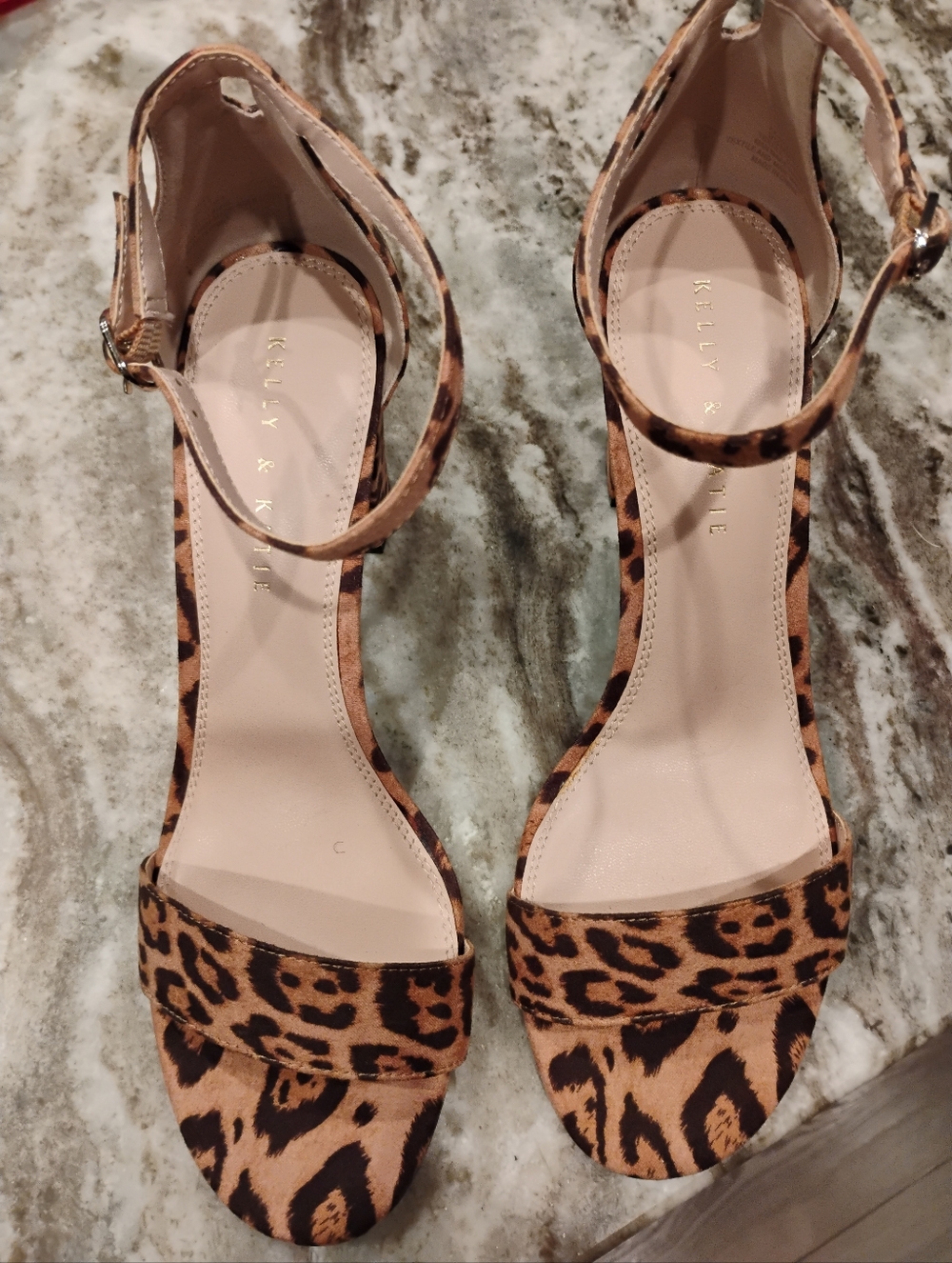 Kelly & Katie Leopard Print Ankle Strap Heels - Tan & Black